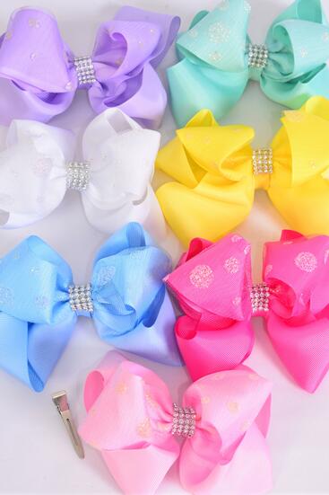 Hair Bow Jumbo Double Layered Center Mesh Metallic Polka dot Grosgrain Bow-tie Pastel / 12 pcs Bow = Dozen  Alligator Clip , Size - 6" x 5" , 2 White , 2 Baby Pink , 2 Lavender , 2 Hot Pink , 2 Mint , 1 Blue , 1 Yellow Color Asst , Clip Strip & UPC Code