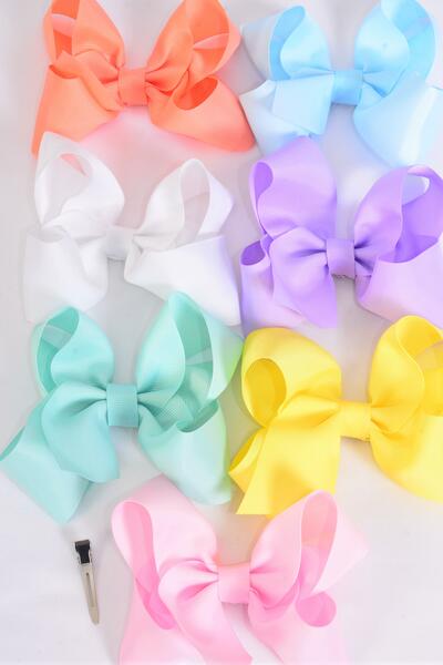 Hair Bow Jumbo Grosgrain Bow-tie Pastel / 12 pcs Bow = Dozen Alligator Clip , Size - 6" x 5", 2 White , 2 Baby Pink , 2 Lavender , 1 Blue , 2 Yellow , 2 Mint Green , 1 Peach Color Asst , Clip Strip and UPC Code