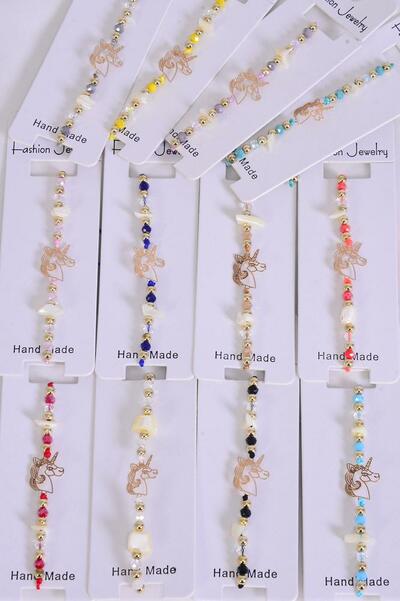 Bracelet Unicorn Gold Filigree Stainless Steel Seashell Mix Pastel / 12 pcs = Dozen  Pull-String , Adjustable , 12 Pattern Mix , Individual Hang tag & OPP Bag & UPC Code