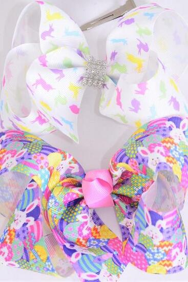 Hair Bow Jumbo Easter Bunny Grosgrain Bow-tie / 12 pcs Bow = Dozen Alligator Clip , Size - 6" x 5" Wide , 6 Of each Pattern Asst , Clip Strip & UPC Code