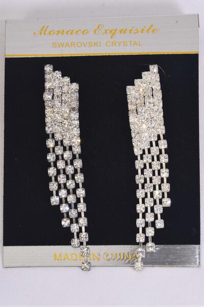 Earrings Rhinestone Silver Drop Post / PC Silver , Post , Size - 2.75" x 0.75" Wide , Black Velvet Earring Card & OPP Bag & UPC Code 