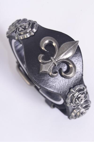 Bracelet Leather Strap Belt Buckle Fleur Delis Black / PC Unisex , Black , Buckle Adjustable Size , OPP Bag & UPC Code