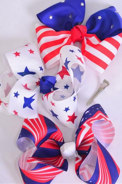 Hair Bow Jumbo Patriotic Stars Stripes Mix Grosgrain Bow-tie / 12 pcs Bow = Dozen Alligator Clip , Bow - 6" x 5" Wide , 4 Of Each Pattern Asst , Clip Strip & UPC Code