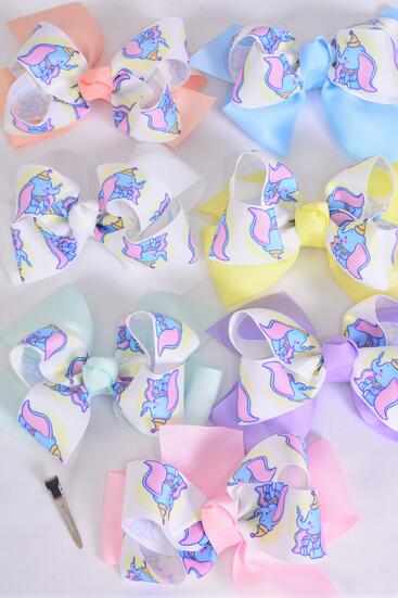 Hair Bow Jumbo Double Layered Cute Elephant Pastel Grosgrain Bow-tie / 12 pcs Bow = Dozen  Alligator Clip , Size - 6" x 5" , 2 White , 2 Baby Pink , 2 Lavender , 2 Blue , 2 Yellow , 1 Peach ,1 Mint Green Color Asst , Clip Strip & UPC Code