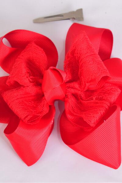 Hair Bow Jumbo Lace Double Layered Grosgrain Bow-tie Red / 12 pcs Bow = Dozen Red , Alligator Clip , Bow - 6" x 5" Wide , Clip Strip & UPC Code