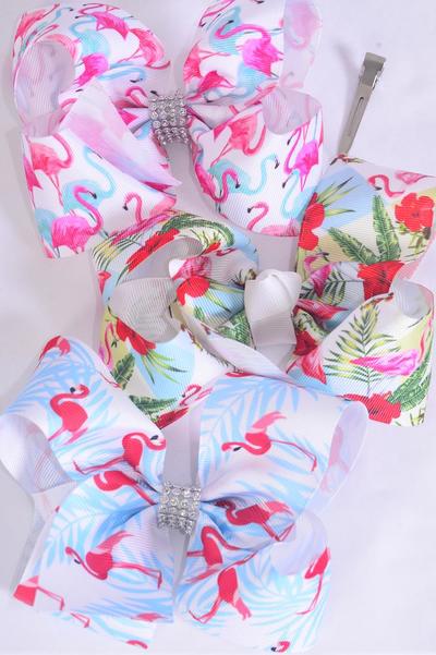 Hair Bow Jumbo Flamingo Grosgrain Bow-tie / 12 pcs Bow = Dozen Alligator Clip , Size - 6" x 5" Wide , 4 of each Pattern Asst , Clip Strip & UPC Code