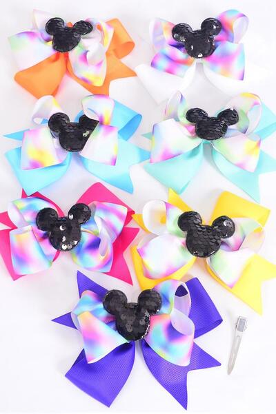 Hair Bow Jumbo Double Layered Center Flip Sequins Mouse Ear Charm Citrus Grosgrain Bow-tie / 12 pcs Bow = Dozen Alligator Clip , Size - 6" x 5" Wide , 2 Fuchsia , 2 Turquoise , 2 White , 2 Purple , 2 Yellow  ,1 Orange , 1 Lime Color Asst ,Clip Strip & UPC Code