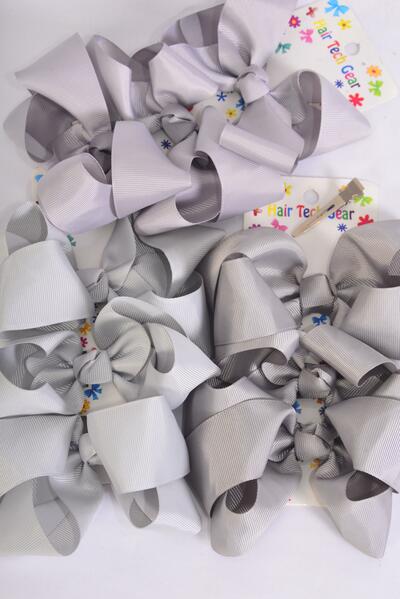 Hair Bows Large 36 pcs Grosgrain Bow-tie Gray Mix / 12 card = Dozen Alligator Clip , Bow Size - 4" x 3" Wide , 4 Shell Gray , 4 Gray, 4 Metal Gray Color Asst , 3 pcs per card 12 Card = Dozen