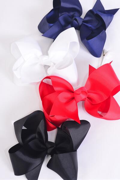 Hair Bow Jumbo Black White Red Navy Color Mix Grosgrain Bow-tie / 12 pcs Bow = Dozen Alligator Clip , Size - 6" x 5" Wide , 3 Black , 3 White , 3 Red , 3 Navy Color Mix,Clip Strip & UPC Code