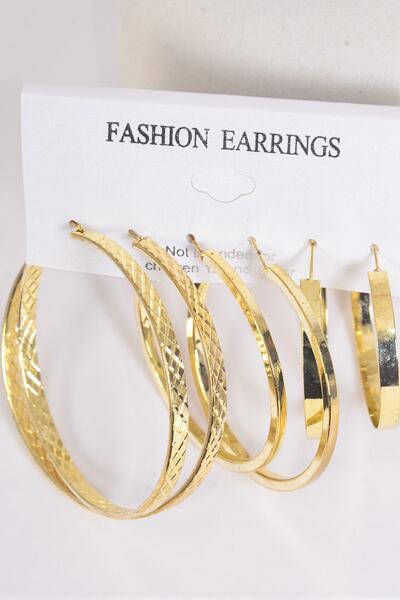 Earrings 3 pair Metal Hoops Mix Gold / 36 pair = Dozen  Post , Size - 1.75"  2.25"  2.5" Wide , 3 Size Mix , Earring Card & OPP Bag & UPC Code , 3 pair per Card ,12 Card = Dozen