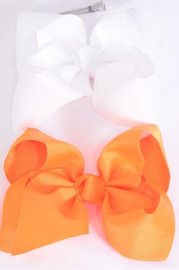 Hair Bow Jumbo Orange White Mix Grosgrain Bow-tie / 12 pcs Bow = Dozen  Alligator Clip , Size - 6" x 5" Wide , 6 Orange , 6 White Mix , Clip Strip & UPC Code