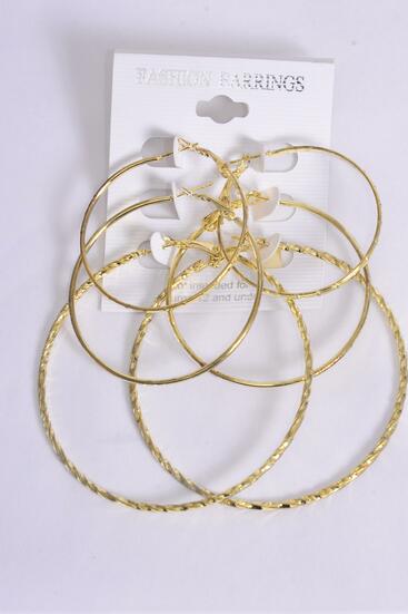 Earrings 3 Pair Metal Hoop Mix Gold Post / 36 pair = Dozen Gold , Post ,  Size - 1.75" , 2" , 2.5" , 3 Size Mix , Earring Card & OPP Bag & UPC Code , 3 pair per Card , 12 Card = Dozen