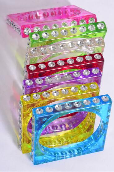 Bracelet Bangle Acrylic Square Clear Stones All Around Plus Size / 12 pcs = Dozen Plus Size - 3" Dia Wide , Choose Colors , Hang Tag & Opp bag & UPC Code