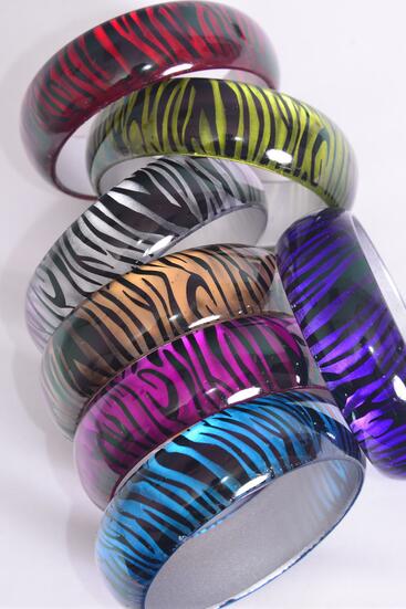 Bracelet Bangle Acrylic Cat-eye Zebra Print Multi / 12 pcs = Dozen Multi , Size - 2.75" x 1", 2 Fuchsia , 2 Blue , 2 Purple , 2 Gold , 2 Silver , 1 Lime , 1 Red  Color Mix , Hang tag and Opp bag & UPC Code