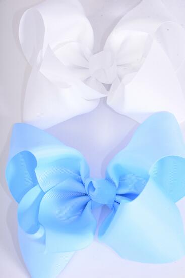 Hair Bow Cheer Type Bow Sky Blue White Mix Grosgrain Bow-tie / 12 pcs Bow = Dozen Alligator Clip , Size - 8" x 7" Wide , 6 Sky Blue , 6 White Color Asst , Clip Strip & UPC Code