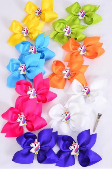 Hair Bow 24 pcs Center Unicorn Charm Citrus Grosgrain Bow-tie / 24 pcs Bow = Dozen Size - 3.5" x 3" Wide , Alligator Clip , 2 Fuchsia ,2 Blue ,2 Yellow ,2 Purple ,2 White ,1 Lime ,1 Orange Color Mix , Clip Strip & UPC Code