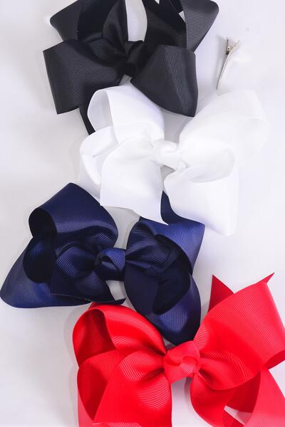 Hair Bow Extra Jumbo Cheer Type Bow Red White Black Navy Mix Grosgrain Bow-tie/DZ Alligator Clip , Size - 8" x 7" Wide ,3 Red , 3 White , 3 Black , 3 Navy Asst , Clip Strip & UPC Code