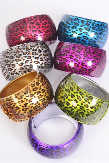 Bracelet Bangle Acrylic Wide Hinge Cat-eye Leopard Print / 12 pcs = Dozen Multi , Size - 2.75"  1.75" Dia Wide , 2 Silver , 2 Gold , 2 Blue , 2 Fuchsia , 2 Purple , 1 Red ,1 Lime Color Mix , Hang Tag & Opp Bag & UPC Code