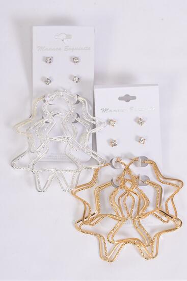 Earrings 4 Pair Metal Star & Clear Rhinestone Studs / 48 pair = Dozen Post , Star Size - 1.75" Wide , 6 Gold & 6 Silver Mix , Earring Card & OPP Bag & UPC Code , 4 pair per card , 12 card = Dozen