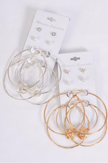 Earrings 4 pair Metal Hoop Moving Ball Studs Miix / 48 pair = Dozen  Post , Loop Size - 2.25" Wide , 6 Gold , 6 Silver Mix , Earring Card & OPP Bag & UPC Code , 4 pair per card , 12 card = Dozen 