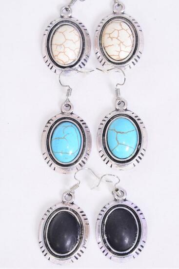 Earrings Metal Antique Oval Semiprecious Stone / 12 pair = Dozen Fish Hook , Size - 1.25" x 1" Wide , 4 Black , 4 Ivory , 4 Turquoise Asst , Earring Card & OPP Bag & UPC Code