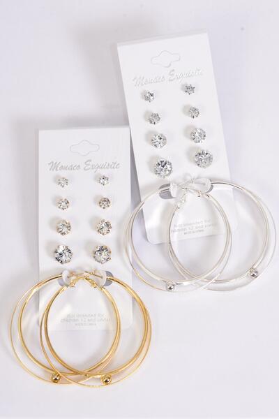 Earrings 5 Pair Metal Hoop w Acrylic Clear Studs Post / 60 pair = Dozen Post , Hoop - 2" Wide , Studs - 3  4  6  8 mm Graduate , 6 Gold , 6 Silver Mix , Earring Card & Opp bag & UPC Code , 5 Pair per Card , 12 Card = Dozen