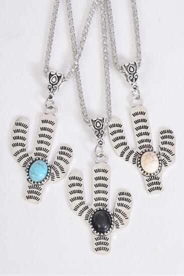 Necklace Silver Chain Metal Antique Cactus Semiprecious Stone / 12 pcs = Dozen Match 03135 Pendant - 1.75" x 1.25" Wide , Chain - 18" Extension Chain , 4 Ivory , 4 Black , 4 Turquoise Color Asst , Hang Tag & OPP Bag & UPC Code