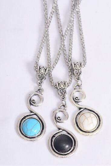 Necklace Silver Chain Metal Antique Celtic Spiral Symbol Semiprecious Stone / 12 pcs = Dozen match 01084  Pendant - 1.5" x 1" Wide , Chain-18" Extension Chain , 4 Ivory , 4 Black , 4 Turquoise Asst , Hang Tag & OPP Bag & UPC Code