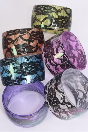 Bracelet Bangle Wide Acrylic Silky Pearl Lace Flower Print Pastel / 12 pcs = Dozen  Size - 2.75" x 1.75" Dia Wide , 2 of each Color Asst , Hang tag & Opp Bag & UPC Code 