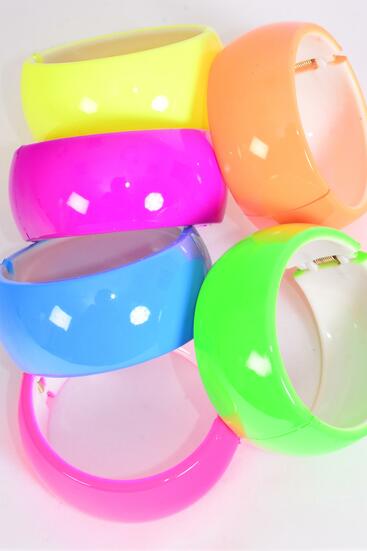 Bracelet Bangle Acrylic Hinge Caribbean Neon Colors Mix / 12 pcs = Dozen Neon , Hinge , Size - 2.75" x 1.25" Dia Wide , 2 of each color Asst , hang Tag & Opp bag & UPC Code 