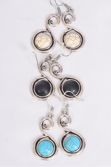 Earrings Metal Antique Celtic Spiral Symbol Semiprecious Stone / 12 pair = Dozen match 76015 Fish Hook , Size - 1.5" x 1" Wide , 4 Black , Ivory , 4 Turquoise Color Asst , Earring Card & OPP Bag & UPC Code 