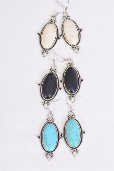 Earrings Metal Antique Oval Semiprecious Stone / 12 pair = Dozen match 76019 Fish Hook , Size - 1.75" x 1" Wide , 4 Black , 4 Ivory , 4 Turquoise Color Asst , Earring Card & OPP Bag & UPC Code