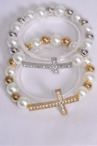 Bracelet Sideways Cross Rhinestone 10 mm Glass Pearl 8 mm CCB Mic Stretch / 12 pcs = Dozen  Stretch , Cross Size - 1.5" x 1" Wide , 6 Gold , 6 Silver Mix , Hang Tag & OPP bag & UPC Code