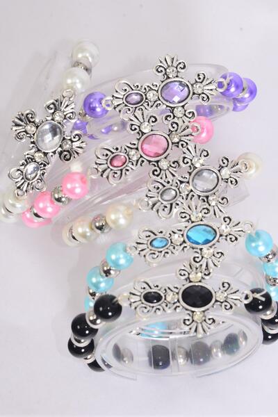 Bracelet Sideways Cross Acrylic Stone Pearl  Bead Mix Multi / 12 pcs = Dozen match 03174 70123  Stretch , Cross -1.75" x 1.25" Wide , 2 Of Each Pattern Asst , Hang Tag & OPP Bag & UPC Code