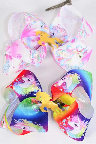 Hair Bow Jumbo Anime Cartoon Unicorn Gradient Gold Unicorn Charm Grosgrain Bow-tie / 12 pcs Bow = Dozen Unicorn , Alligator Clip , Size - 6" x 5", 6 of each Pattern Asst , Clip Strip & UPC Code