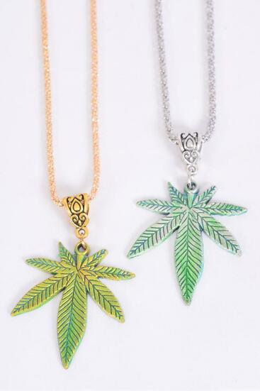 Necklace Chain Cannabis / 12 pcs = Dozen ,Match 00050 Cannabis , Pendant - 1.5" x 1.25" Wide , Chain-18" Extension Chain , 6 Gold , 6 Silver Asst , Hang Tag & OPP Bag & UPC Code