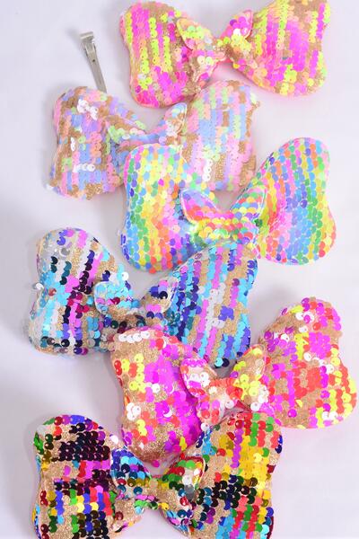 Hair Bow Flip Sequin Iridescent Center Sequin Butterfly Charm Multi / 12 pcs Bow = Dozen Alligator Clip , Size - 6" x 4" Wide , 3 Multi , 3 Rainbow , 2 Of each Other Color Mix , Clip Strip & UPC Code