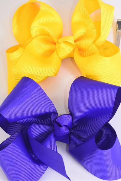 Hair Bow Jumbo Purple & Yellow Alligator Clip Grosgrain Bow-tie / 12 Pcs Bow = Dozen Alligator Clip , Size - 6" x 5" Wide , 6 of each Pattern Asst , Clip Strip & UPC Code