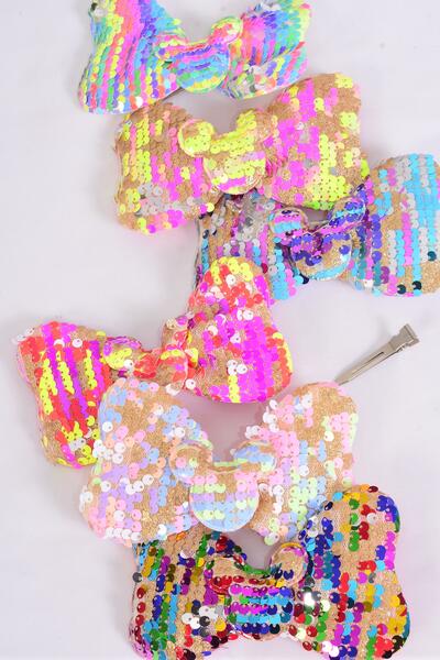 Hair Bow Flip Sequin Iridescent Center Mouse Ear Charm Multi / 12 pcs = Dozen Alligator Clip , Size - 6" x 4" Wide , 3 Multi , 3 Rainbow , 2 Of each Other Color Mix , Clip Strip & UPC Code