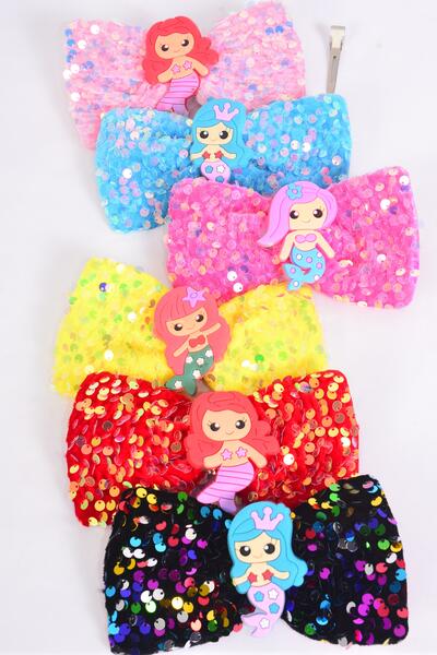 Hair Bow Flip Sequin Iridescent Center Mermaid Charm Multi / 12 pcs Bow = Dozen Mermaid , Alligator Clip , Size - 6" x 4" Wide , 2 Of each Pattern Mix , Clip Strip nd UPC Code