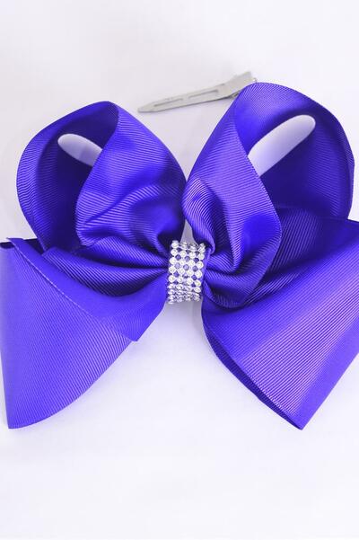 Hair Bow Jumbo Center Clear Stones Purple Grosgrain Bow-tie / 12 pcs Bow = Dozen  Alligator Clip , Bow - 6" x 5", Clip Strip & UPC Code