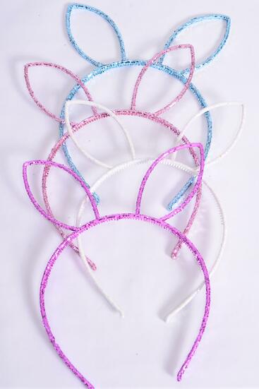 Headband Horseshoe Acrylic Glitter Bunny Ear Multi / 12 pcs = Dozen Color - 3 Fuchsia , 3 Baby Pink , 3 White , 3 Blue Color Asst , Individual OPP Bag & Hang Tag & UPC Code