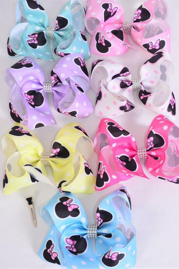 Hair Bow Jumbo Polka dot Mouse Ear Pastel Grosgrain Bow-tie / 12 pcs Bow = Dozen Alligator Clip , Size - 6" x 5" , 2 White , 2 Baby Pink , 2 Lavender , 2 Hot Pink , 2 Mint Green ,1 Blue, 1 Yellow Color Asst , Clip Strip & UPC Code