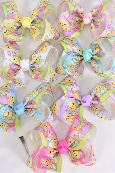 Hair Bow Jumbo Cute Easter Egg Chick Grosgrain Bow-tie / 12 pcs Bow = Dozen Alligator Clip , Size - 6" x 5" Wide , 2 White , 2 Baby Pink , 2 Lavender , 2 Blue , 2 Yellow , 1 Peach , 1 Mint Green Asst , Clip Strip & UPC Code