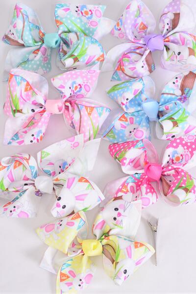 Hair Bow Large Cute Bunny Grosgrain Bow-tie Pastel / 12 pcs Bow = Dozen Alligator Clip , Size - 4" x 3", 2 White , 2 Baby Pink , 2 Lavender , 2 Blue , 2 Yellow , 1 Peach , 1 Mint Green Color Asst , Clip Strip & UPC Code