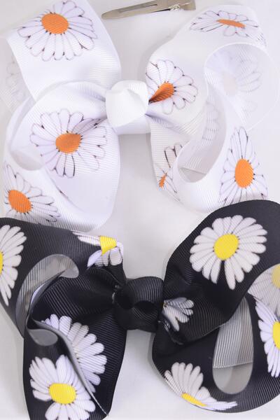 Hair Bow Jumbo Flower Daisy Black White Mix Grosgrain Bow-tie /  12 pcs Bow = Dozen Alligator Clip , Size - 6" x 5" Wide , 6 Black , 6 White Color Asst , Clip Strip and UPC Code