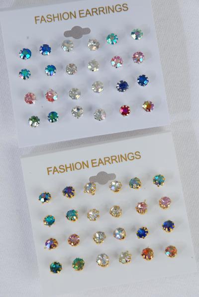 Earrings 12 Pair Iridescent AB Color Studs / 12 card = Dozen Post , Earring Card & OPP Bag & UPC Code , 12 pair per Card , 12 Card = Dozen