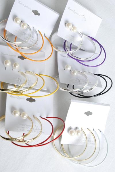 Earrings 3 Pair Metal Loop 10 mm Pearl Ball Mix / 36 Pair = Dozen Post , Hoop - 1.75" & 2.25" Mix , 10 mm Pearl , 6 Gold , 6 Silver Mix , Earring Card & OPP Bag & UPC Code , 3 pair per card , 12 card = Dozen