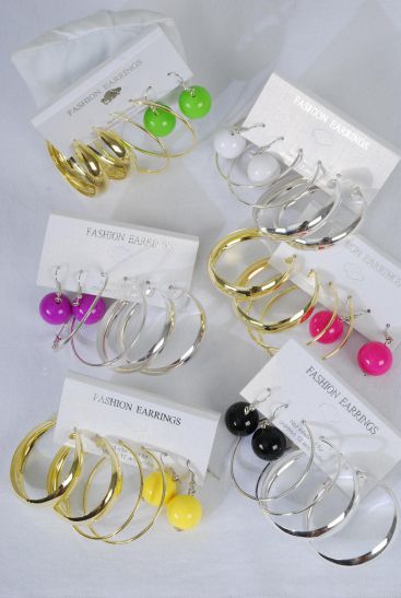 Earrings 3 Pair 12 mm Color Ball Hoop Mix Multi / 36 pair = Dozen  Multi , Hoop Size - 1.75" Wide , 6 Gold , 6 Silver Asst , 2 of each Color Ball Asst , Earring Card & OPP Bag & UPC Code 