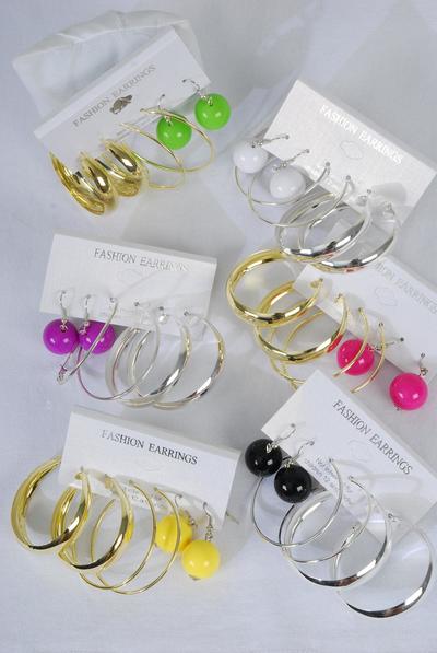 Earrings 3 Pair 12 mm Color Ball & 1.75" Loop Mix Multi / 36 pair = Dozen  Multi , Hoop Size - 1.75" Wide , 6 Gold , 6 Silver Asst , 2 of each Color Ball Asst , Earring Card & OPP Bag & UPC Code 